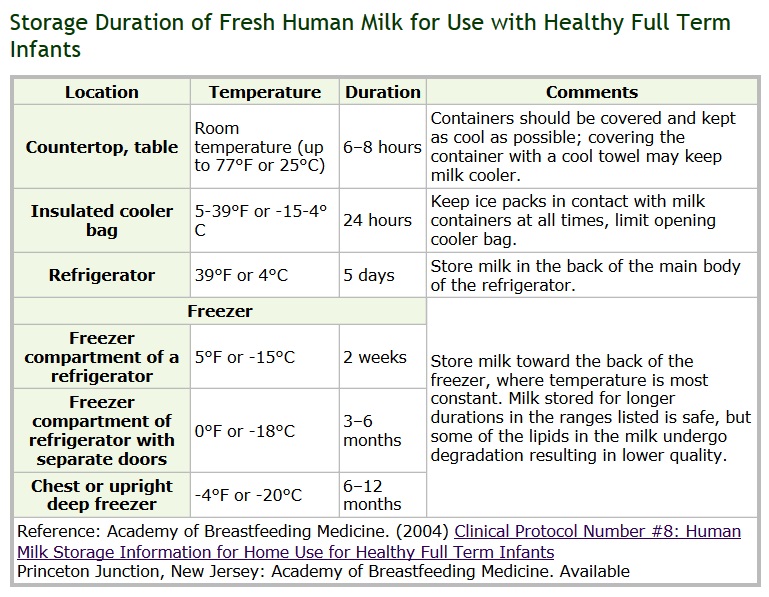 Chart Breastmilk Storage